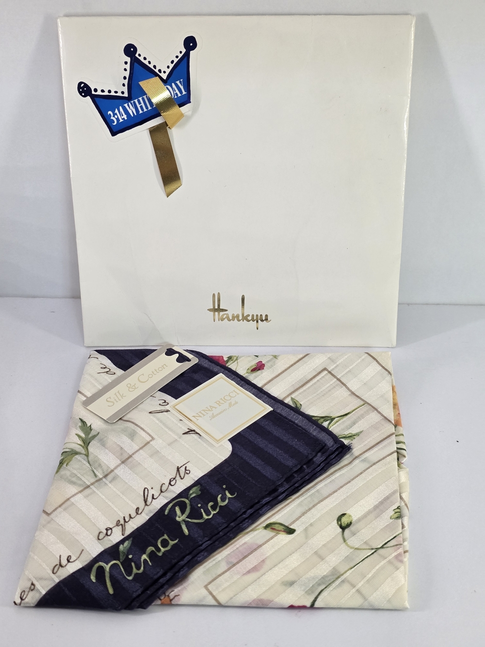 Nina Ricci Floral Silk Cotton Scarf - White & Navy (Small/Medium)